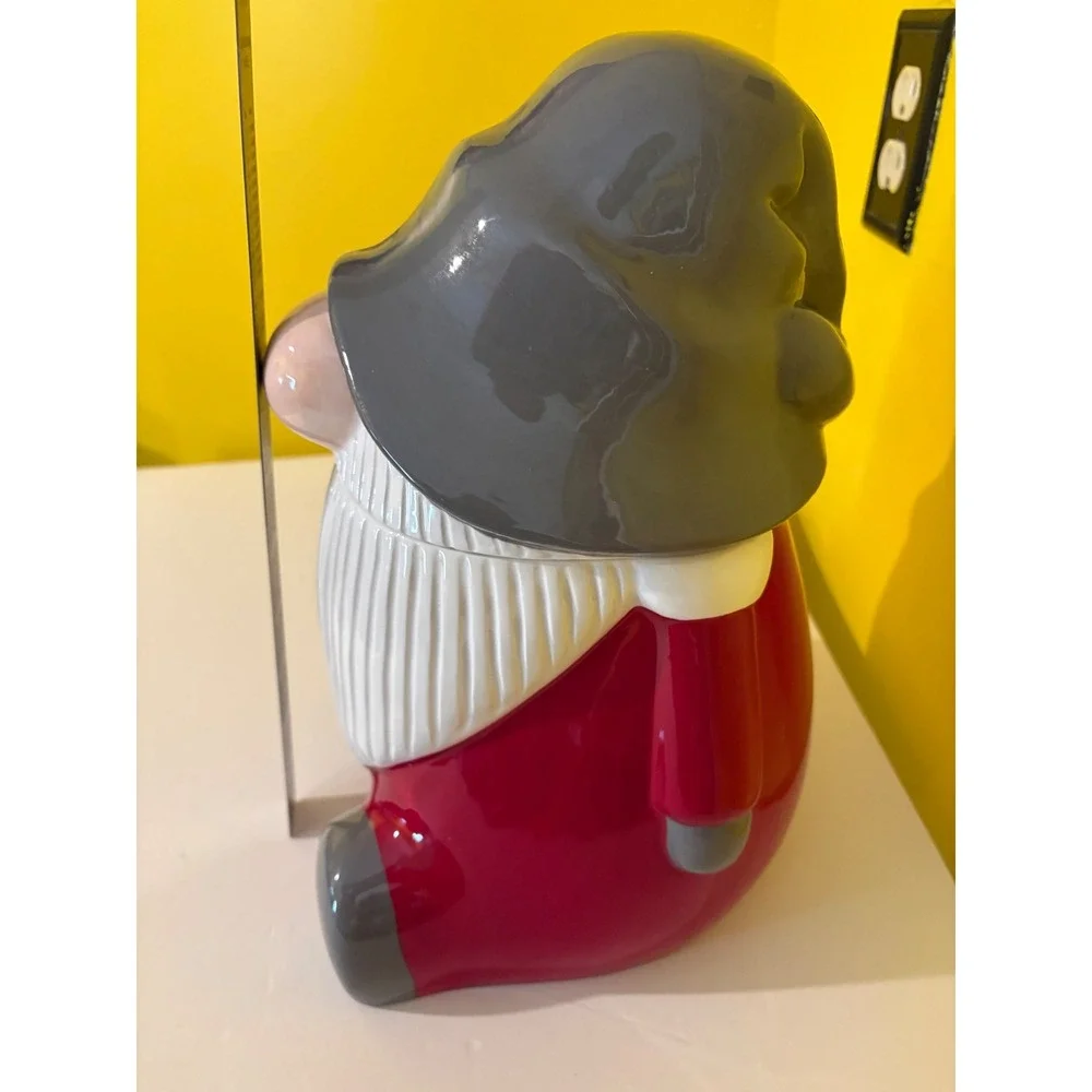 Pottery Barn Ceramic Christmas Gnome Cookie Jar Holiday Figural Red Gray Large